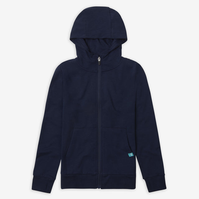 Jellymud junior navy hoodie front view with YKK zip
