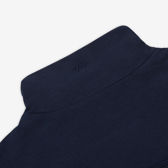 Navy bamboo sweatshirt with embroidered logo on collar.