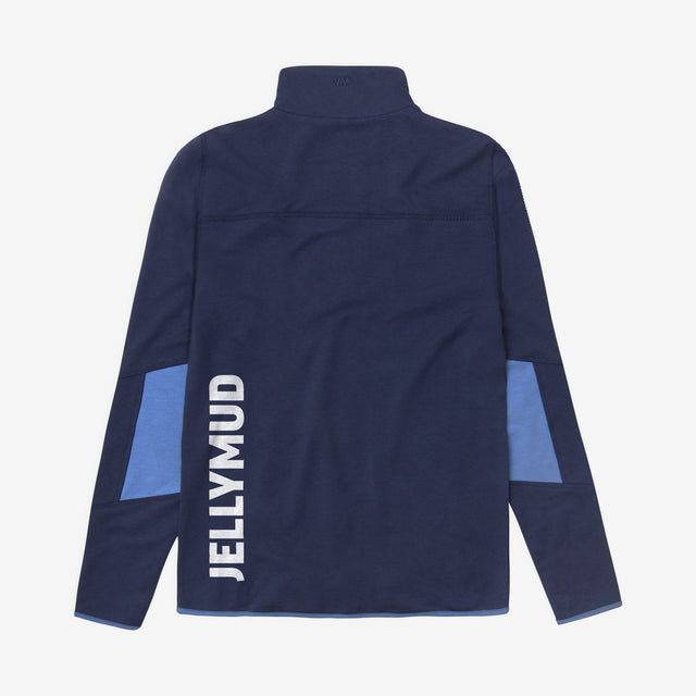 Jellymud navy bamboo pullover with white print on reverse