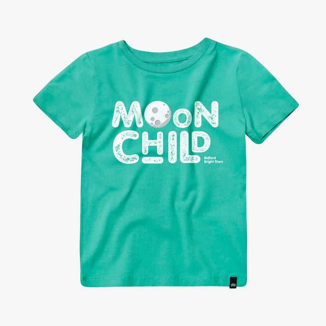Jellymud and Bright Stars kids aqua bamboo t-shirt with space print, front view.