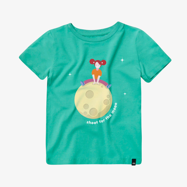 Jellymud and Bright Stars kids aqua bamboo t-shirt with space print, front view.