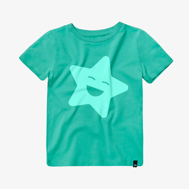 Jellymud and Bright Stars kids aqua bamboo t-shirt with space print, front view.