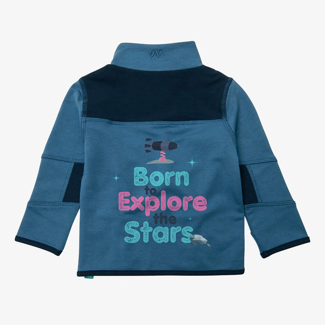 Jellymud and Bright Stars kids blue bamboo sweatshirt, front view.