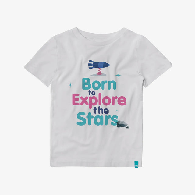 Jellymud and Bright Stars kids white bamboo t-shirt featuring a space themed print, front view