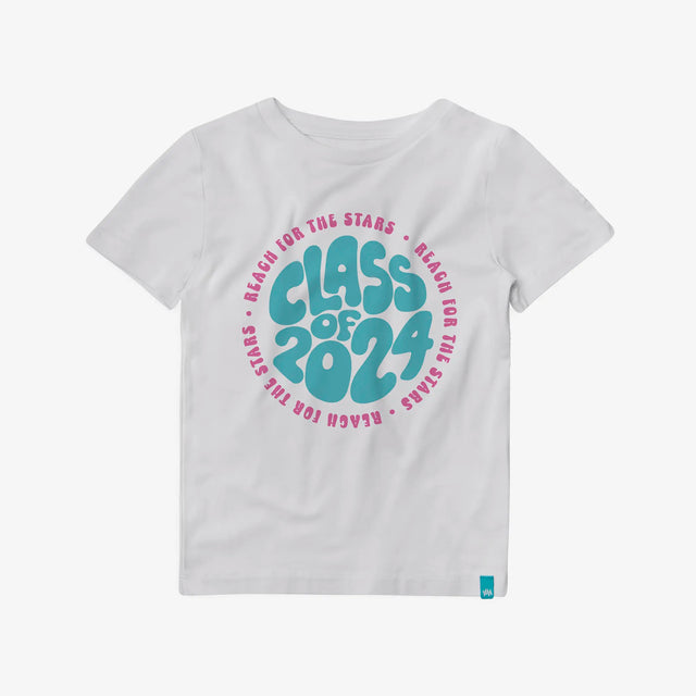 Jellymud and Bright Stars Class of 2024 Bamboo T-Shirt. White tee with blue print.