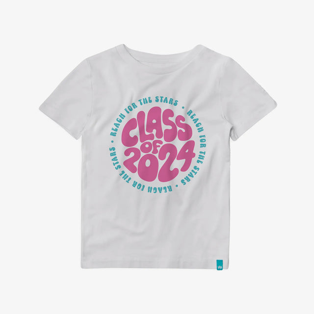 Jellymud and Bright Stars Class of 2024 Bamboo T-Shirt. White tee with pink print.
