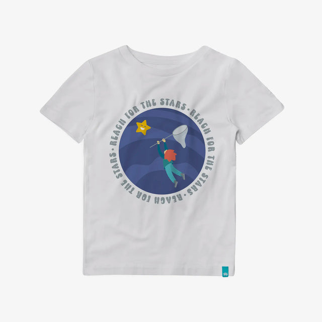 Jellymud and Bright Stars Shepard white bamboo t-shirt for kids, front view.