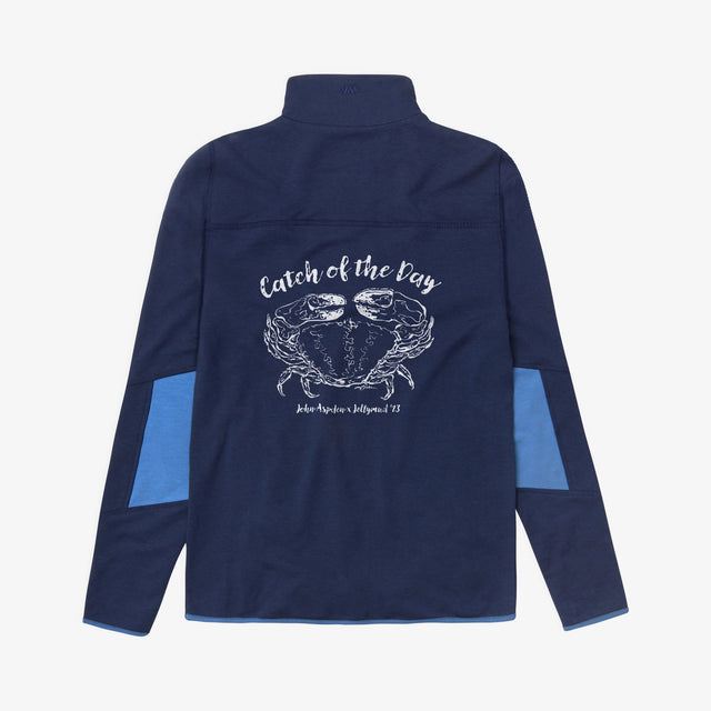 Back view of a Jellymud navy bamboo sweatshirt featuring a limited edition John Aspden crab print in white