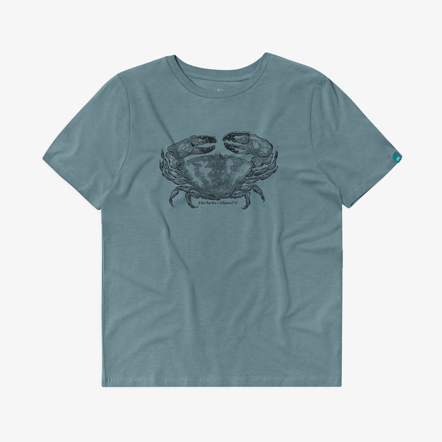 Front view of Jellymud women's lead blue bamboo t-shirt, featuring a limited edition John Aspden crab print in black