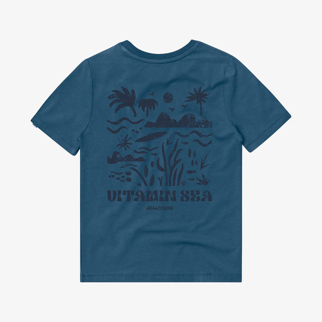 Back view of Jellymud Junior's Blue Bamboo T-Shirt featuring a limited edition Vitamin Sea print.