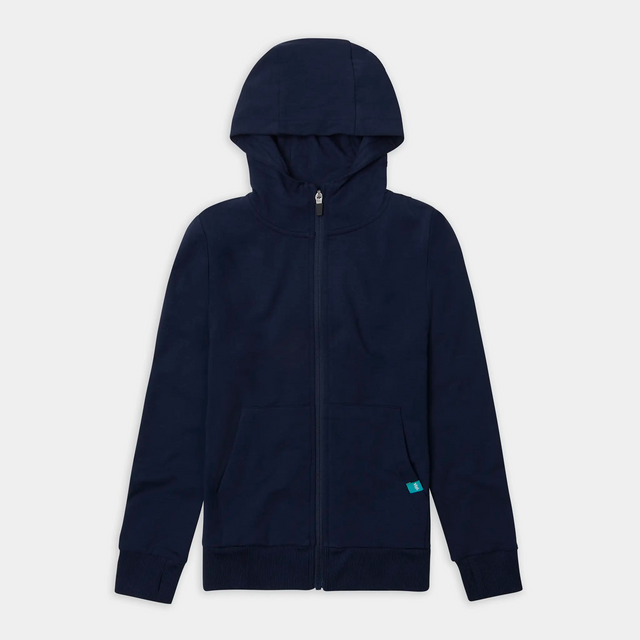 Front view of a Jellymud Junior Navy Bamboo Hoodie. This sustainable hoodie, made from bamboo fabric, offers comfort and style for your young ones.