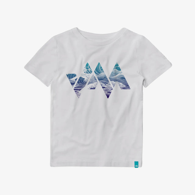 Front view of Jellymud Kids' Foreshore Bamboo White T-Shirt with blue print.