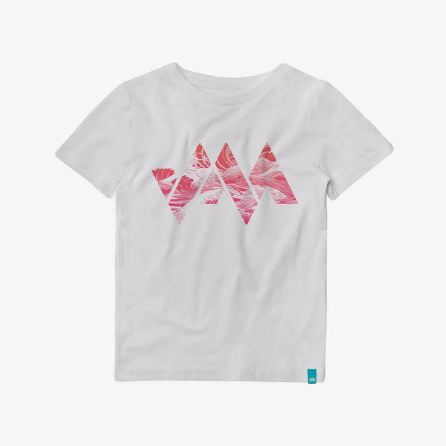 Front view of Jellymud Kids' Foreshore Bamboo White T-Shirt with pink print.