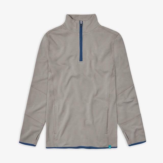 Front view of Men's Adventure Bamboo Sweatshirt. Featuring a quarter-zip fastening, side pockets and thumbholes.