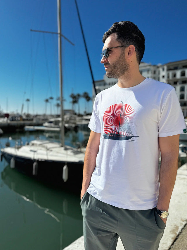 Front view of Men's Sailboat Bamboo T-Shirt: White tee featuring a stylish sailboat graphic print, made from sustainable bamboo fabric.
