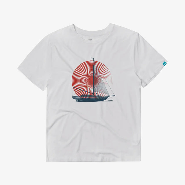 Front view of Men's Sailboat Bamboo T-Shirt: White tee featuring a stylish sailboat graphic print, made from sustainable bamboo fabric.