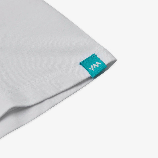 Detail view of Men's Sailboat Bamboo T-Shirt: White tee featuring a stylish sailboat graphic print on the front, made from sustainable bamboo fabric.