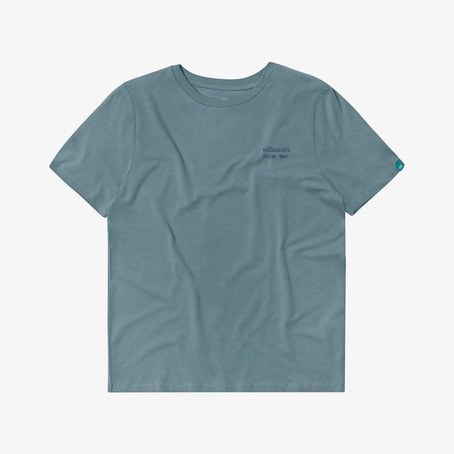 Jellymud Women's Bamboo T-Shirt in Lead Blue. Featuring a small Vitamin Sea graphic on the front chest.