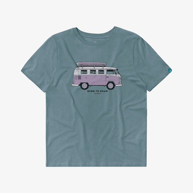 Women's Campervan Bamboo T-Shirt. Women's Lead Blue Bamboo T-Shirt, featuring a camper van print on the front.