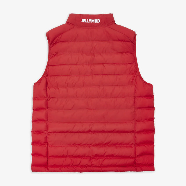 Back view of Jellymud Women's Recycled Polyester Gilet in Red – sustainable and stylish outerwear.