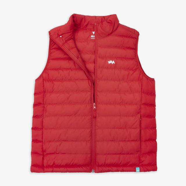 Front view of Jellymud Women's Recycled Polyester Gilet in Red – sustainable and stylish outerwear.