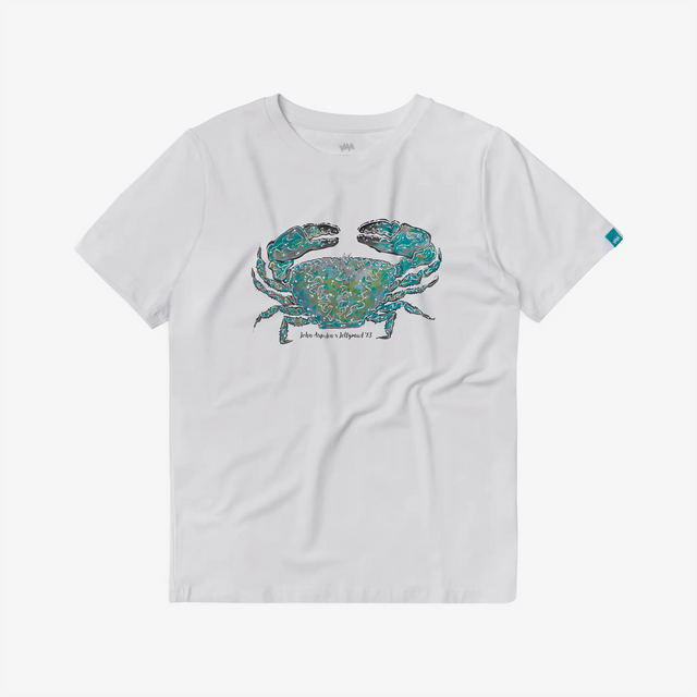 Front view of women's white bamboo t-shirt featuring a limited edition John Aspden crab print. The design showcases a vibrant crab against a white background, adding a touch of coastal artistry to the shirt.