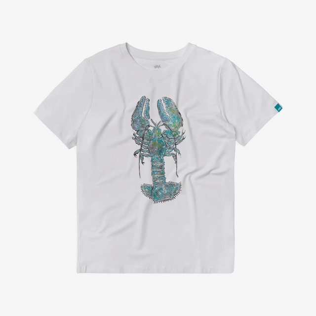 Front view of Jellymud bamboo white t-shirt featuring a limited edition John Aspden lobster print in colour