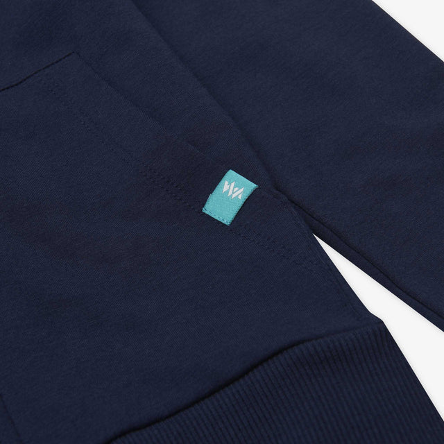 Detail of Jellymud Junior Burton Bamboo Hoodie in Navy.