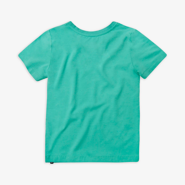 Jellymud and Bright Stars kids aqua bamboo t-shirt with space print, back view.