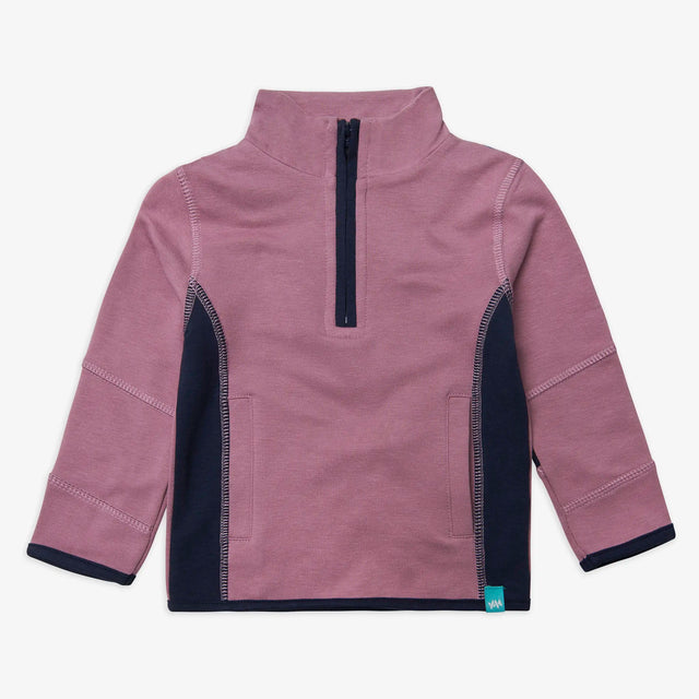 Front view of Jellymud Kids' Ridge Sweatshirt. Made from bamboo and organic cotton with quarter zip.