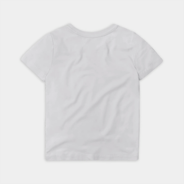 Back view of a Jellymud Kids White Bamboo T-Shirt. This eco-friendly and soft t-shirt, made from bamboo fabric, provides comfort and style for your little ones.