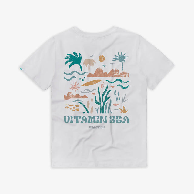 Women's Vitamin Sea Bamboo T-Shirt. Jellymud Women's Bamboo T-Shirt in White. Featuring a playful and colourful Vitamin Sea graphic on the back.